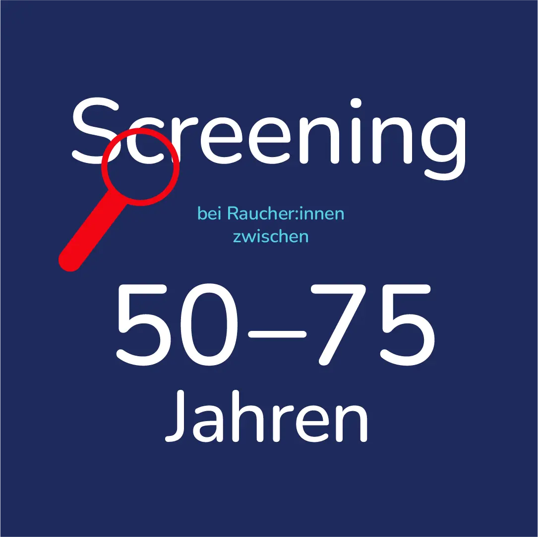 Dunkelblauer Hintergrund mit roter Lupe und der weißen Aufschrift 'Screening bei Raucher:innen zwischen 50-75 Jahren'.