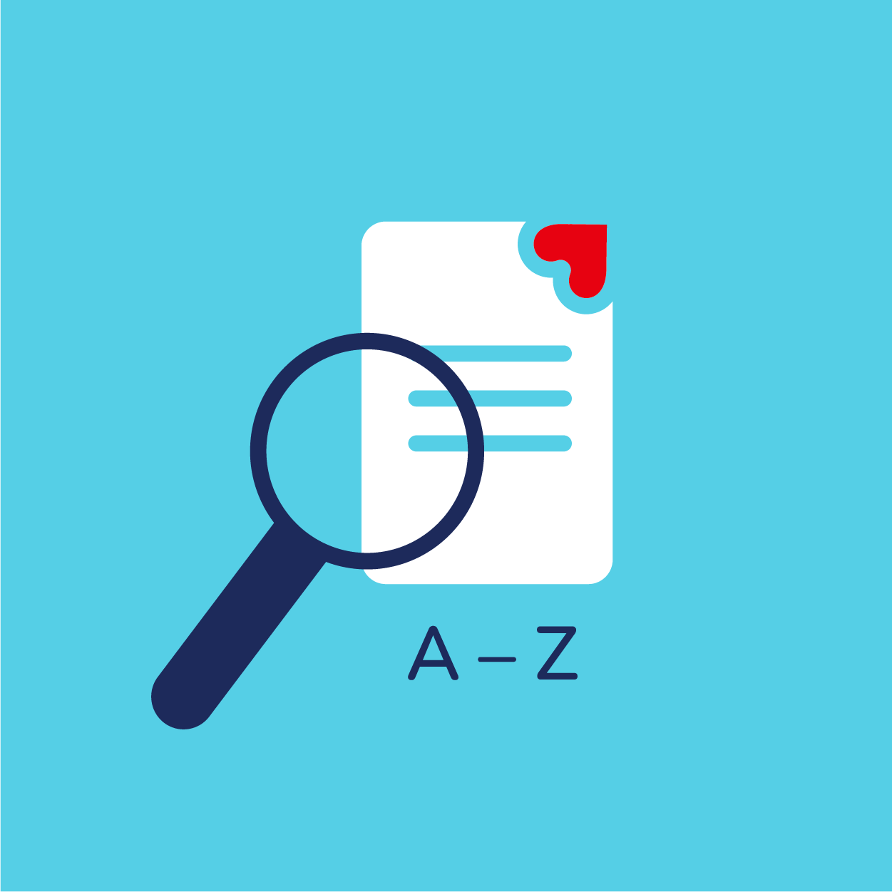 Illustration mit Lupe und Dokument mit der Beschriftung 'A-Z'.