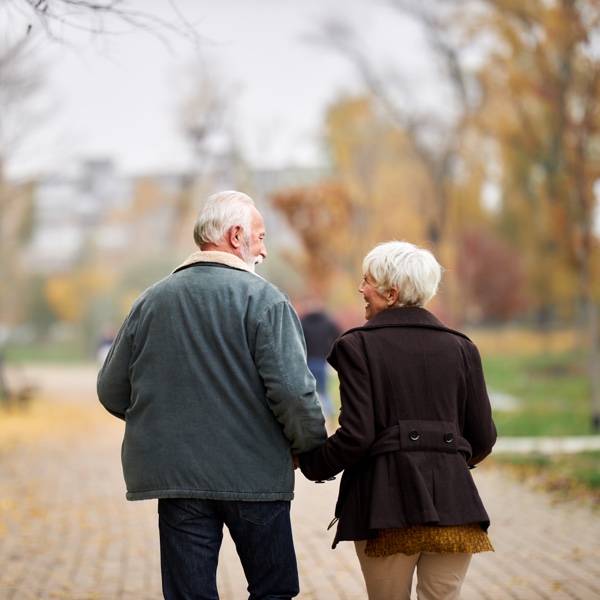Ansicht eines älteren Paars von hinten. Sie spazieren im Herbst Hand in Hand durch einen Park und schauen sich lächelnd an.